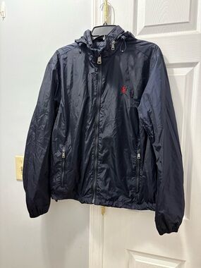 Polo Ralph Lauren Men’s Navy Wind Breaker With Hood Size Medium- Small Flaw
